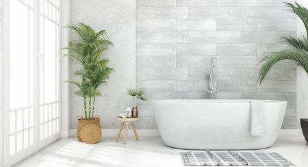 Bathroom at white interior,with flowers and white wooden wall. 3d illustration 