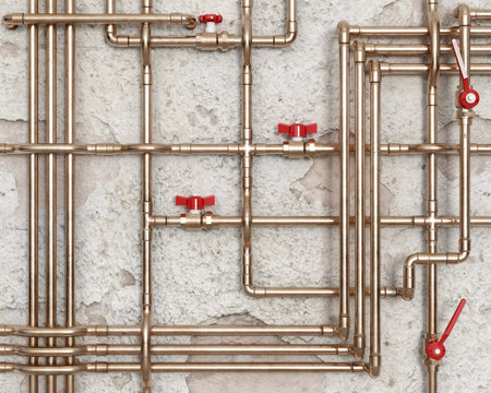 Copper water pipes with red faucets in front of damaged wall, 3d illustrationの写真素材