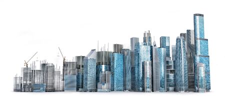 line from skyscrapers in building process. City skyline isolated on a white. 3d illustrationの写真素材