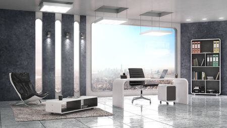 Office interior with large window. 3d illustrationの写真素材
