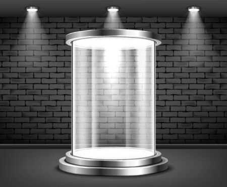 Round glass showcase with light inside on a brick wall background. Realistic vector illustration.のイラスト素材