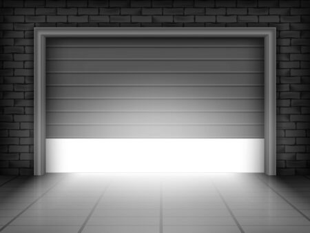 Vector illustration of garage door in brick wall with bright light insideのイラスト素材