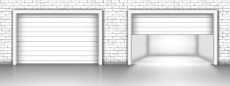 Vector illustration of garage door in brick wall. Closed and open garage doorsのイラスト素材
