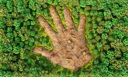 Deforestation. Area in form human hand full of stumps. 3d illustration