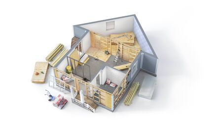 Sliced house  in form of house in construction process on a white background  . 3d illustrationの写真素材