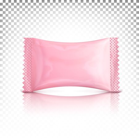 Mini packaging pink rectangular, sachet, stick. Vector mock up, template for design presentation. Top view.のイラスト素材