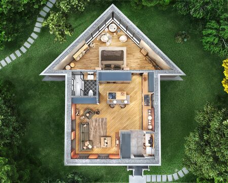 Top view of sliced house with interior in form of house in the garden. 3d illustrationの写真素材
