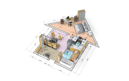 Apartment with interior in form of house without walls  on a white background. 3d illustration