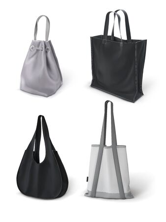 Black and gray simple bags of various shapes. Set of eco shopping bags. Vector illustration isolated on a white background.のイラスト素材