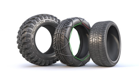 Set of different tires on a white background. 3d illustration