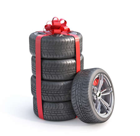 Stack of wheels in the gift label isolation on a white background. 3d illustrationの写真素材