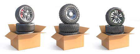 Set of different tires in the cardboard boxes on a white background. 3d illustrationの写真素材