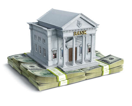 Concept of bank building based on wads of money, 3d illustrationの写真素材