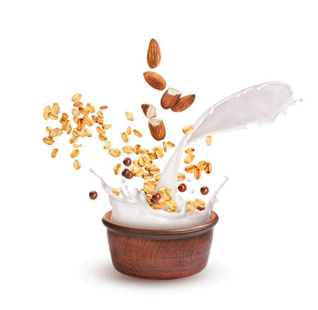 oatmeal with nuts and milk on a white backgroundの写真素材