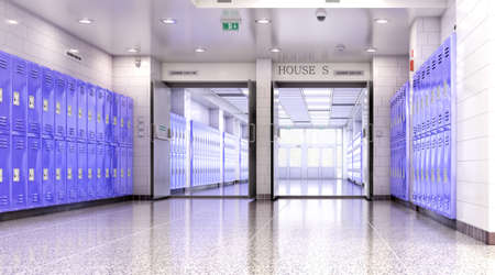 Long school corridor with blue lockers, 3d illustrationの写真素材