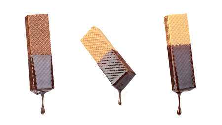Sweet waffle in chocolate on a white backgroundの写真素材