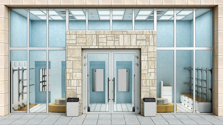 Modern boutique facade with large showcase, empty inside, 3d illustration