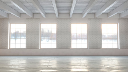 Empty light room with windows. 3d illustration