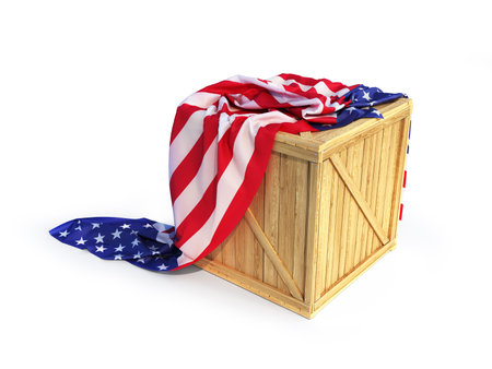 wooden boxes cover us flag isolated. us goods concept. 3d illustrationの写真素材