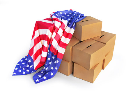 cardboard boxes cover US Flag isolated. US goods concept. 3d illustration