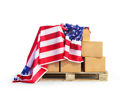 cardboard boxes cover US Flag isolated. US goods concept. 3d illustrationの写真素材