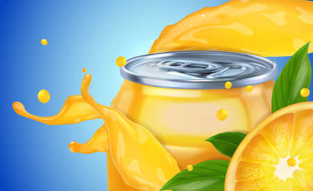 Orange drink in a tin can. Juice splash. Vector illustration.のイラスト素材