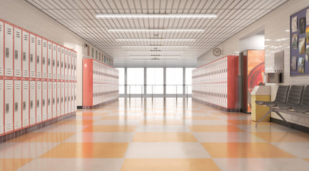 Long school corridor with white lockers, 3d illustration
