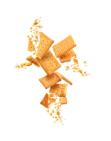 broken biscuits with crumbs on white background