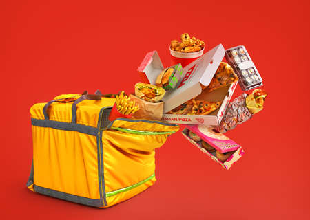 Delivery concept. Thermal backpack for contactless food delivery with different food. Online ordering food. 3d illustrationの写真素材