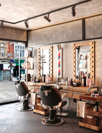 barbershop working place interior 3d illustrationの写真素材