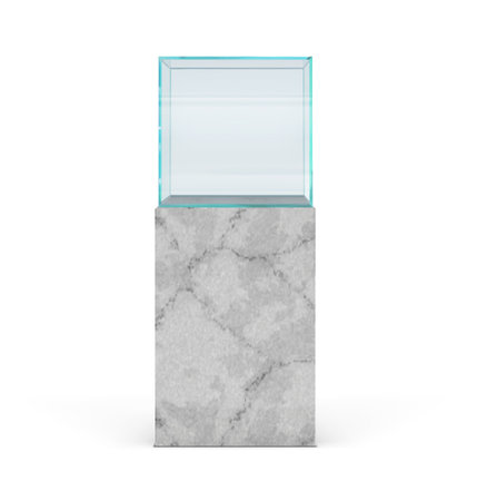 glass showcase cube on high light marble pedestal in frontal projection vector illustrationのイラスト素材