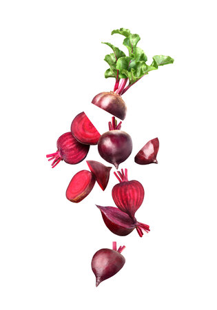 beet cut in flight with green leaves on white background