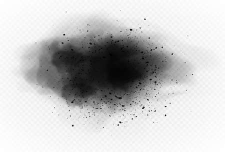 Particles of charcoal on transparent background. Abstract black powder splatter. Vector realistic exploding black powder.のイラスト素材