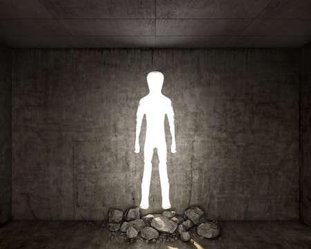 Concept of destroyed concrete wall with a hole in a shape of man, 3d illustrationの写真素材
