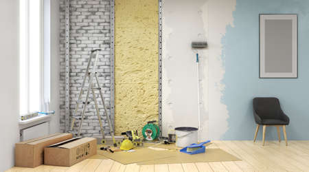 Drywall installation in the apartment repair 3d illustrationの写真素材