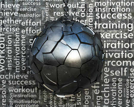 A concept of wrecking ball broken on a wall with motivation words graffiti, 3d illustrationの写真素材