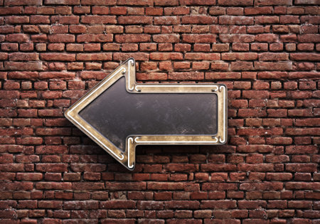 Signboards in different form with lighting on the brick wall. 3d illustration