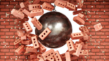 Brickwall destroyed with a wrecking ball, 3d illustrationの写真素材