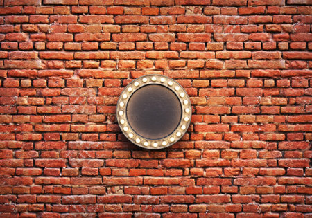 Signboards in different form with lighting on the brick wall. 3d illustration