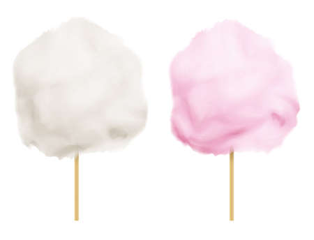 White and pink cotton candy. Sugar clouds. Realistic vector illustrationのイラスト素材