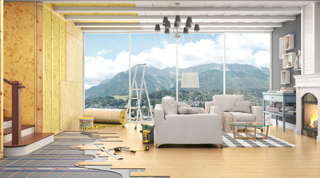 3d render of living room in construction process with layered scheme of walls and floor 3d...