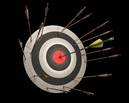 Archery concept on a black background, miss hit of many wooden arrows and the only one carbon arrow...