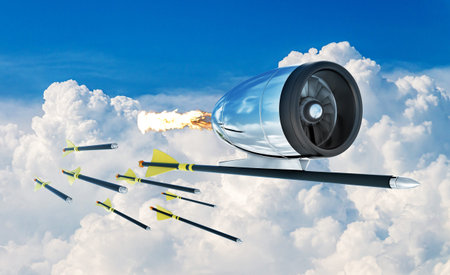 Arrow with jet engine is pulling ahead and the rest simple arrows lag behind, concept, 3d...