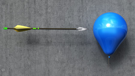 Concept of arrow flight directly to blue balloon in front of concrete wall, 3d illustration
