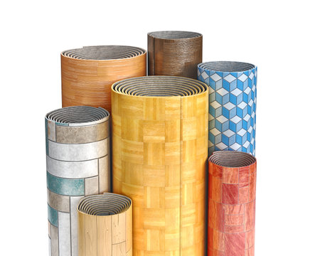 Rolls of linoleum in various colors, patterns, textures on a white background, 3d illustration