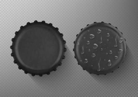 Black beer bottle caps and drops. Realistic vector illustrationのイラスト素材