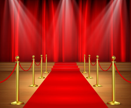 Awards show background with red curtains and red carpet between rope barriersのイラスト素材