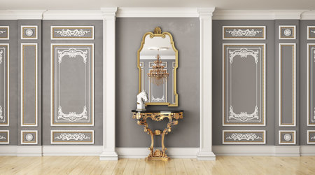 3D render of a classic interior wall decorated in gray color with parquet and mirror. 3d...