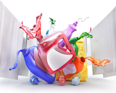 Different bottles with pouring detergent on a white background. 3d illustration
