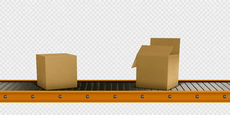 Package boxes on industrial conveyor line. Realistic vector illustrationのイラスト素材
